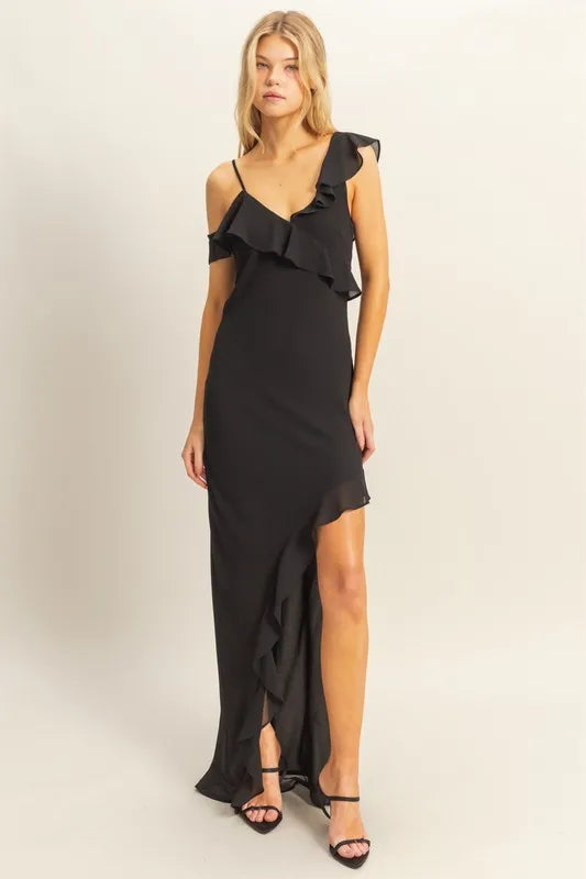 The Isabelle Asymmetrical Ruffle Trim Midi Dress – Ivory Marie