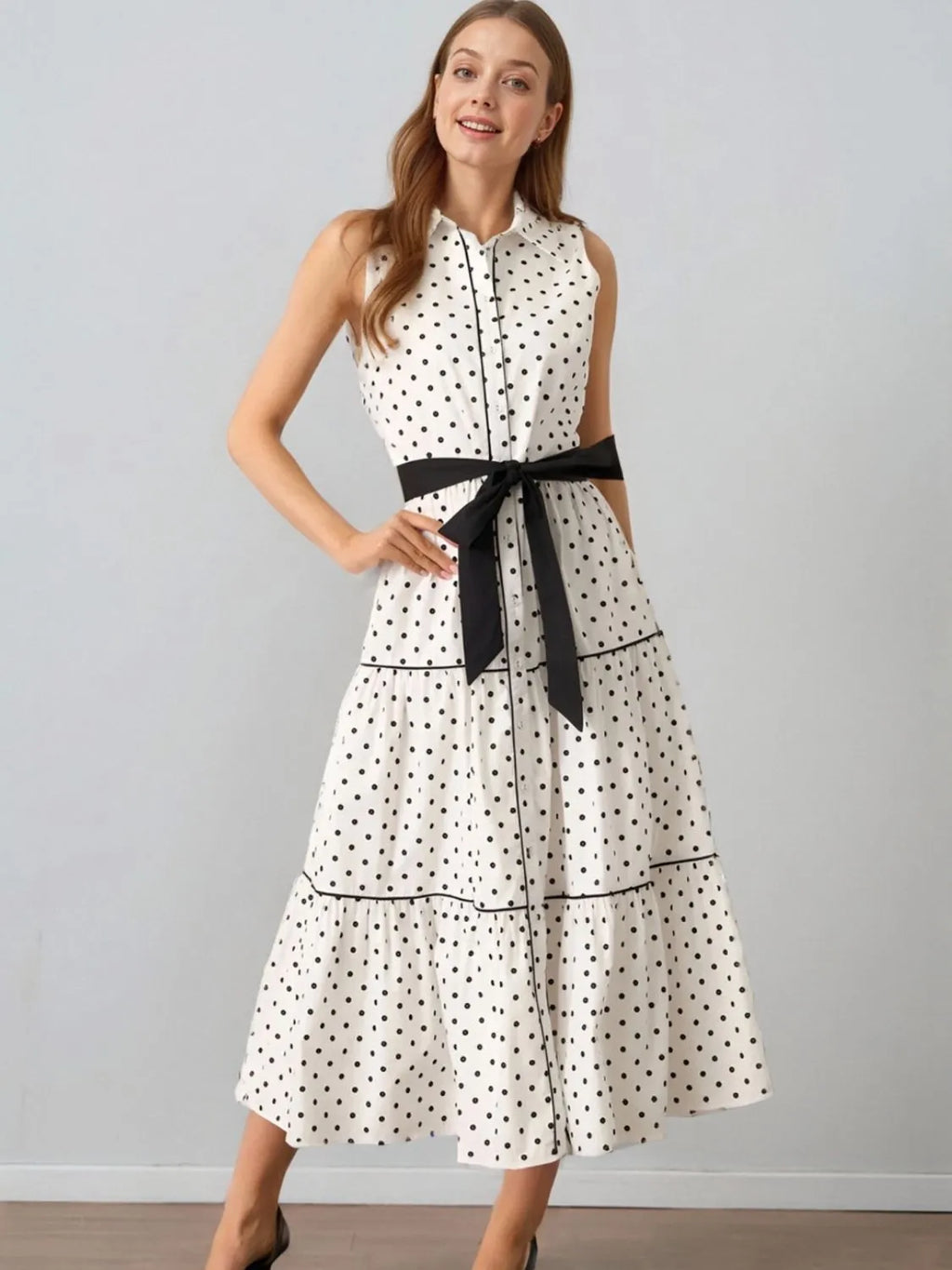The Etta Polka Dot Sleeveless Midi Shirt Dress – Ivory Marie